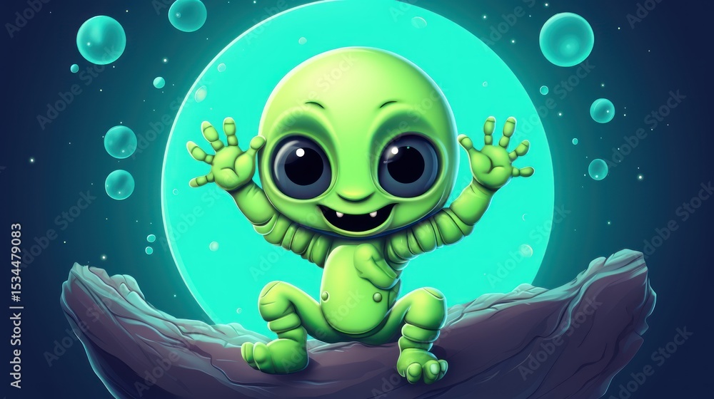 Obraz premium Cute cartoon green alien in the deep space. 2d illustration. UFO. Humanoid. Alien. Sci Fi Concept With Copy Space.