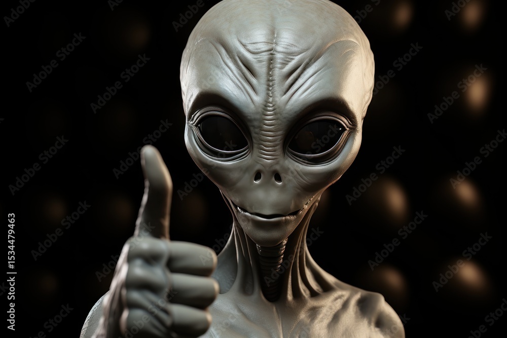 Alien showing thumbs up. Alien with thumbs up on a dark background. UFO. Humanoid. Alien. Sci Fi Concept With Copy Space. Alien showing thumbs up. Alien with thumbs up on a dark background. UFO. Humanoid. Alien. Sci Fi Concept With Copy Space.
