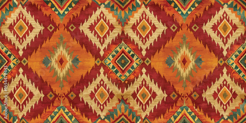 Vibrant geometric pattern in warm hues of red, orange, and teal.
