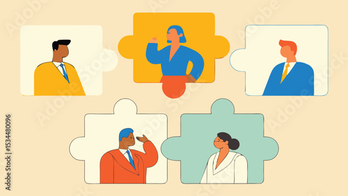 Diverse team members illustrated within puzzle pieces representing collaboration and the business teamwork concept on transparent background