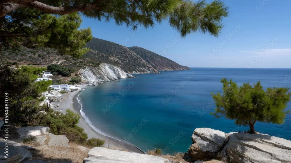 A serene coastal landscape featuring a clear blue sea, rocky cliffs, and lush green trees under a bright blue sky. Ideal for travel and nature themes. A serene coastal landscape featuring a clear blue sea, rocky cliffs, and lush green trees under a bright blue sky. Ideal for travel and nature themes.