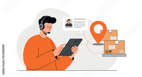 Young hispanic male courier using tablet for package tracking and delivery management vector illustration