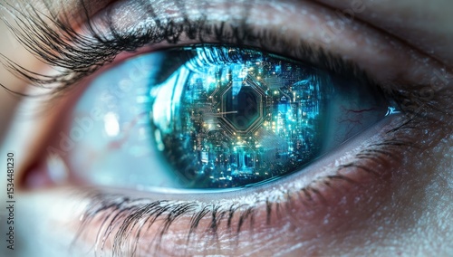 Close-up of a woman's eye, digitally altered to show a complex circuit board design