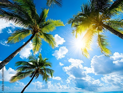 Tropical beach palms, sunny sky, ocean view, vacation