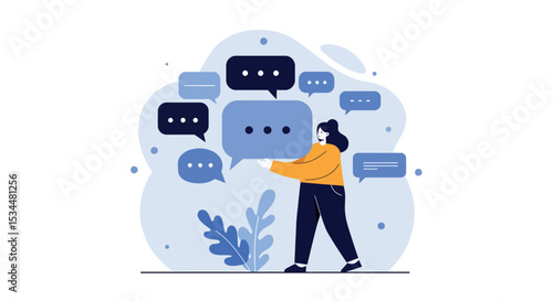 Female character engaging in online chat with speech bubbles vector illustration