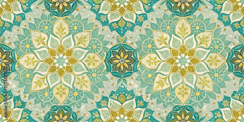 Intricate mandala design featuring floral patterns and vibrant colors.