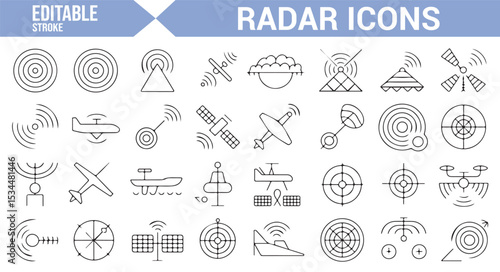 Set of editable radar icons representing wave signals, antennas, satellites, and detection systems for technology, aviation, and communication.