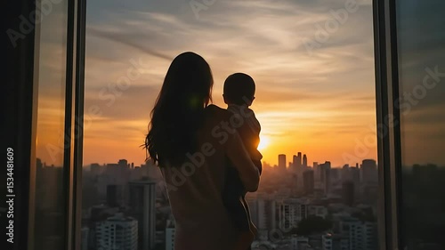 Mother Holding Baby Looking at City Skyline at Sunset