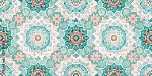 Elegant mandala pattern in turquoise and coral hues, perfect for decorative designs.