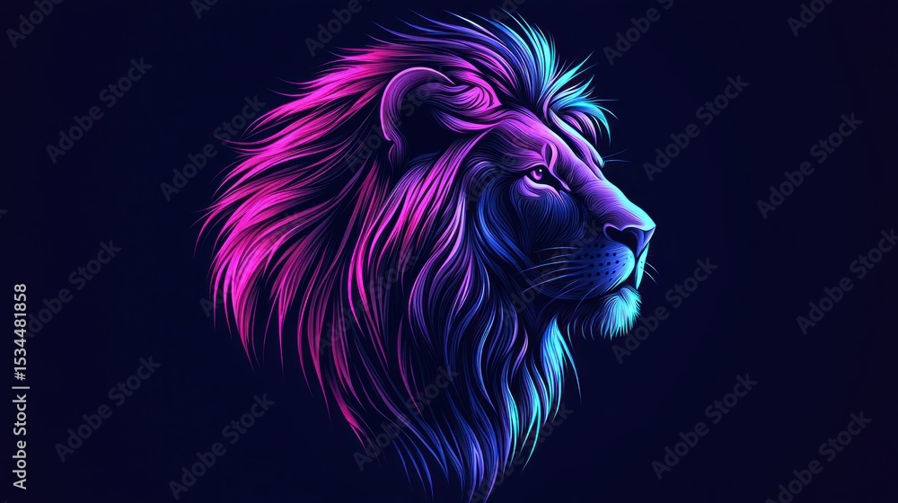 Fototapeta premium Colorful lion head profile. Neon hues on dark backdrop