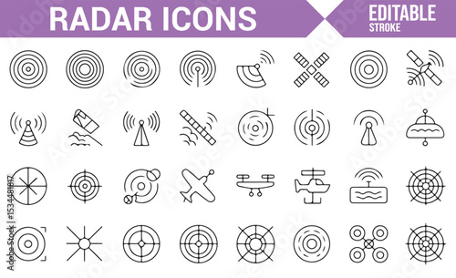 Collection of radar technology icons representing signals, systems, and satellites for security and telecommunications.