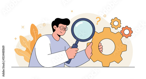 Young caucasian male analyzing gear with magnifying glass in conceptual illustration vector illustration