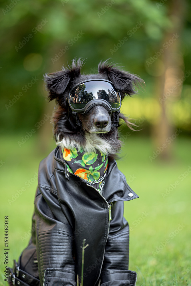 Beautiful Border Collie Dog in Leather Jacket and Goggles Sitting on Grass — Close-up Pet Portrait in High Quality Beautiful Border Collie Dog in Leather Jacket and Goggles Sitting on Grass — Close-up Pet Portrait in High Quality