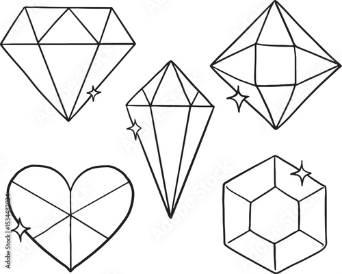 Hand-drawn outline illustrations featuring various diamond and gemstone shapes with subtle sparkle accents. Ideal for jewelry, luxury, fashion, or celebration-themed designs and project.