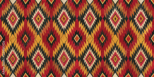 Vibrant geometric pattern featuring red, yellow, and black diamond shapes.