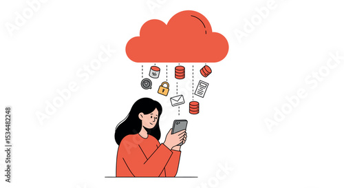 Wallpaper Mural Young asian female using smartphone with cloud computing elements vector illustration Torontodigital.ca