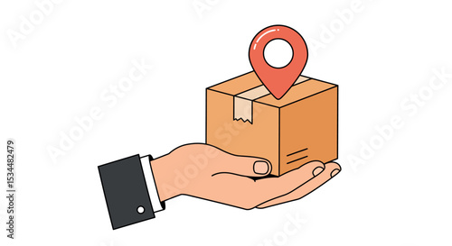 Hand holding package with location pin symbolizing delivery and tracking concept vector illustration