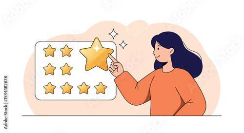 Female choosing five-star rating in review system illustration vector illustration