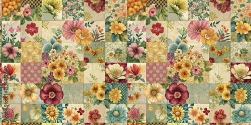 Vibrant floral patchwork in various colors and patterns, showcasing nature's beauty.