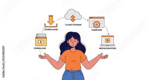 Young hispanic female utilizing cloud storage and digital media icons vector illustration