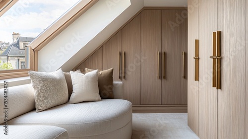 Fototapeta Naklejka Na Ścianę i Meble -  Contemporary Japandi attic room, beige fabric sofa, detailed oak cabinet with brass handles, small urban street visible from side window, warm detailed