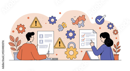 Collaborative teamwork of caucasian male and female adults in project planning and problem solving vector illustration