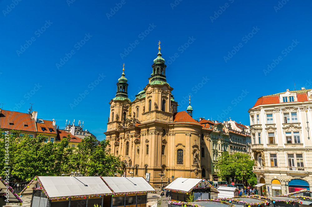 Naklejka premium A view northwest from the centre of the old town square in central Prague in springtime