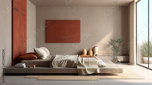 desert chic bedroom full view, sand cinnamon wall, rusty textile panel above bed, flat stone block platform, linen blanket, soft indirect light