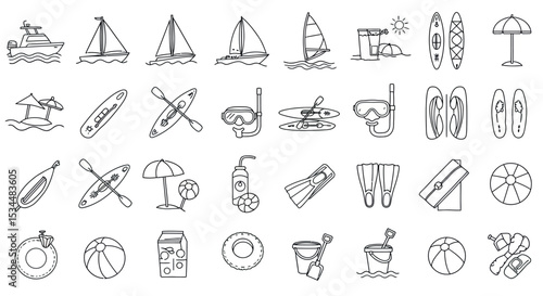 Nautical and beach-themed outline icons: boats, snorkeling, kayaks, beach gear vector illustration