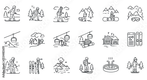 Ski resort activities: snowboarding, skiing, hot tub icons vector illustration