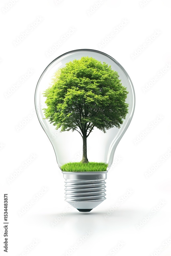 A green tree inside a light bulb, isolated on a white background. This concept represents eco-friendly energy and green technology. The image is photo-realistic. A green tree inside a light bulb, isolated on a white background. This concept represents eco-friendly energy and green technology. The image is photo-realistic.