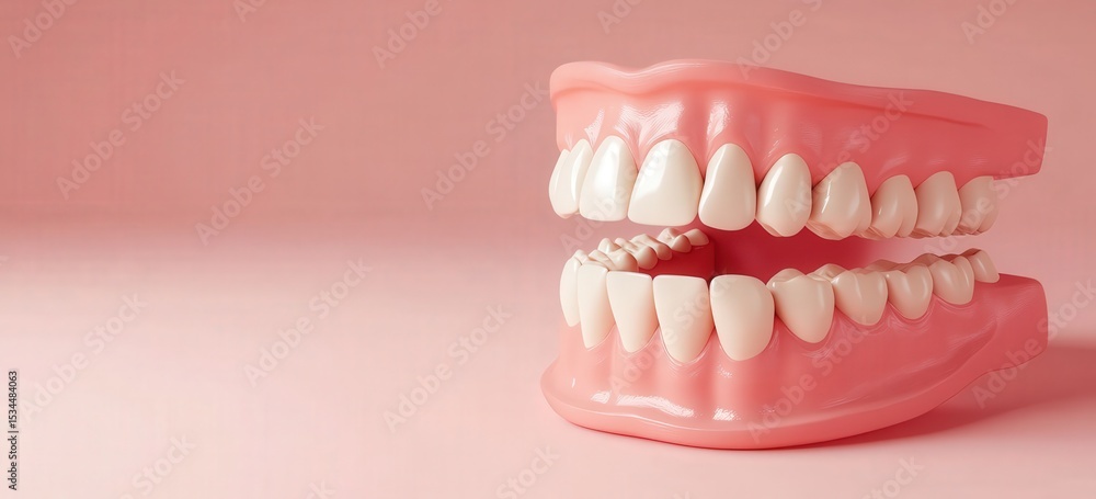 Fototapeta premium Front view of dental model of teeth on pink background with copy space, symbolizing oral health; shot with wide-angle lens for realistic, detailed appearance.