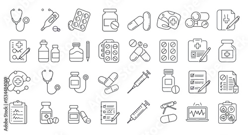 Medical line icons set with syringes, medications, stethoscope, and charts vector illustration