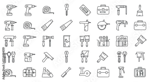Outline icons of various tools and equipment in a grid pattern vector illustration