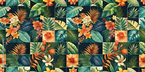 Vibrant tropical floral pattern featuring assorted leaves and blooms.