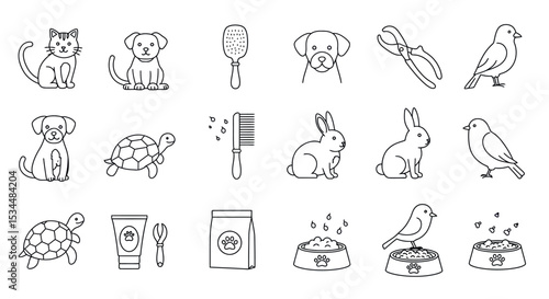 Outline illustrations of pets and accessories featuring dogs, cats, birds, rabbits, turtles vector illustration