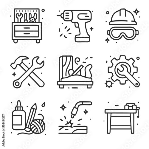 Workshop icon with nine handdrawn tool icons perfect for DIY and crafting projects. Ideal for creative and versatile design needs.