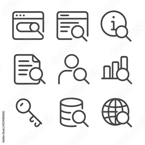 Search icon with data analysis icons for insightful exploration, perfect for technology, analytics, research, business presentations, and infographic design.