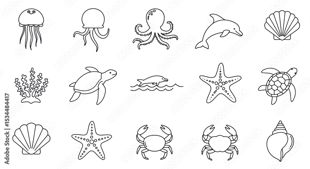 Marine life line art: jellyfish, turtle, dolphin, starfish, crab, and seashells vector illustration Marine life line art: jellyfish, turtle, dolphin, starfish, crab, and seashells vector illustration