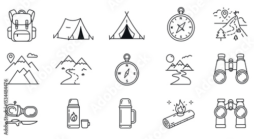 Camping gear icons: backpack, tent, compass, lantern, binoculars, mountain trails vector illustration