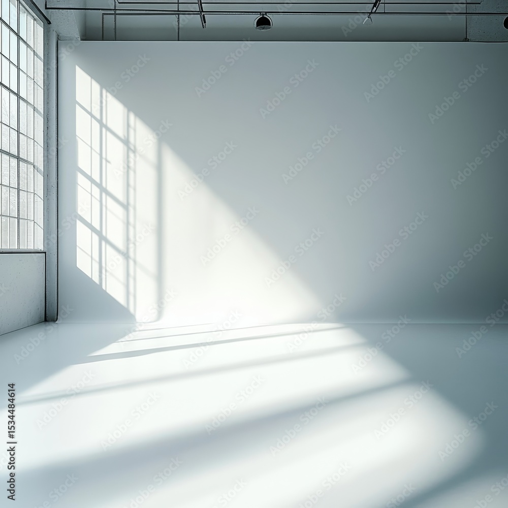 Obraz premium Empty Bright Studio Space Featuring Large Windows Casting Long Shadows on the Floor During Daylight Hours
