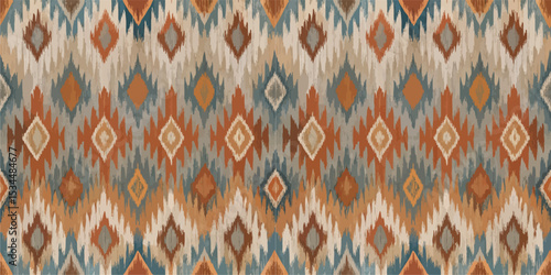 Colorful geometric pattern in warm tones featuring diamonds and stripes.