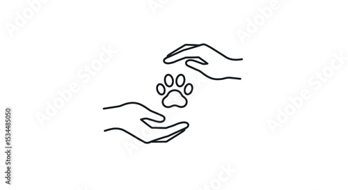 Hand drawn outline of hands and paw symbolizing connection and care for animals vector illustration