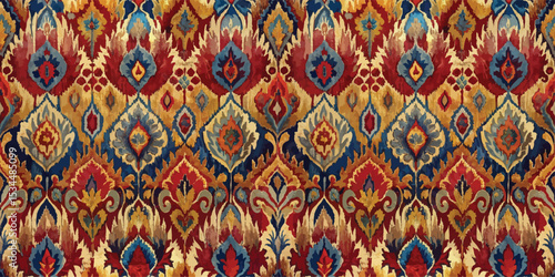 Vibrant decorative fabric with intricate patterns and rich colors.