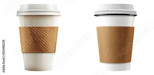 Brown kraft paper coffee cups with white lids isolated on transparent PNG background image perfect for café branding and packaging