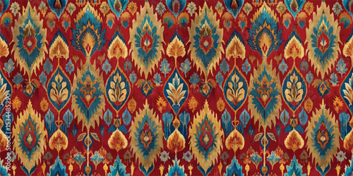 Vibrant floral patterned fabric in rich red, gold, and blue tones.