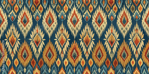 A vibrant textile pattern featuring floral motifs in warm colors.