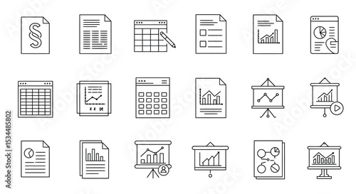 Business and finance line icons: documents, charts, calendars, and graphs set vector illustration