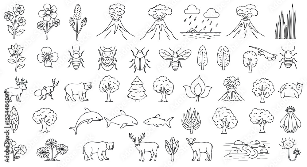 Fototapeta premium Nature and wildlife outline icons featuring animals, plants, and natural phenomena vector illustration