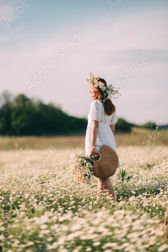 Daisy Field Woman Summer, girl walking through flower field during sunny summer day to enjoy nature